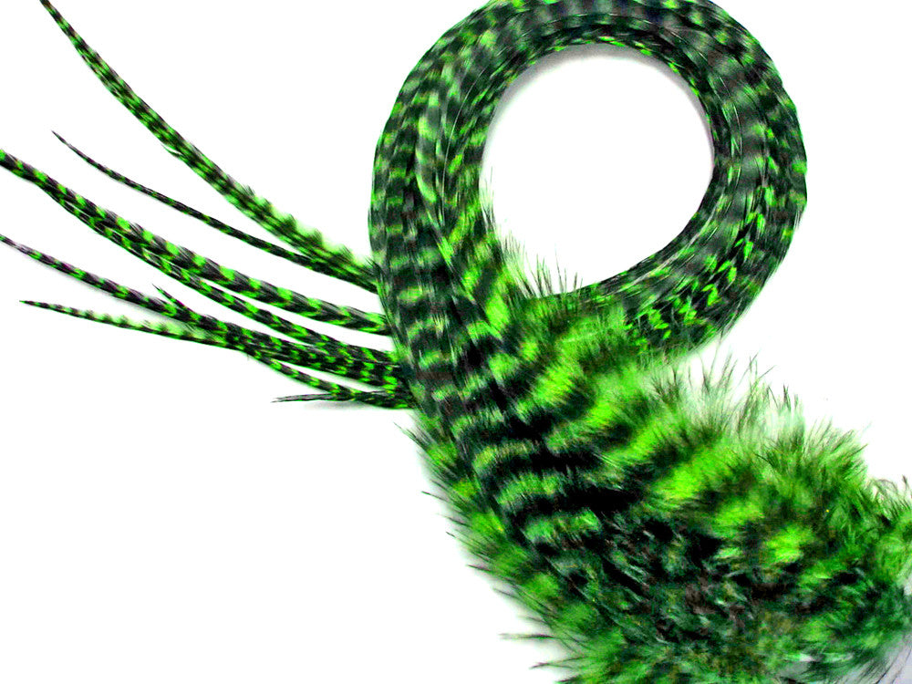 6 Pieces - XL Lime Green Grizzly Thick Long Grizzly Whiting Farm Rooster Saddle Hair Extension Feathers