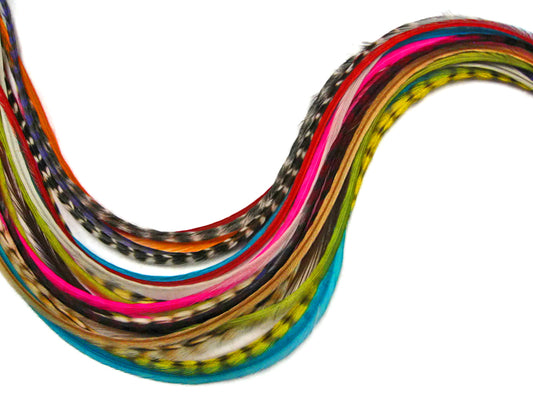 12 Strands - Happy Mix Thin Long Grizzly Whiting Farm Rooster Salon Hair Extension Feathers