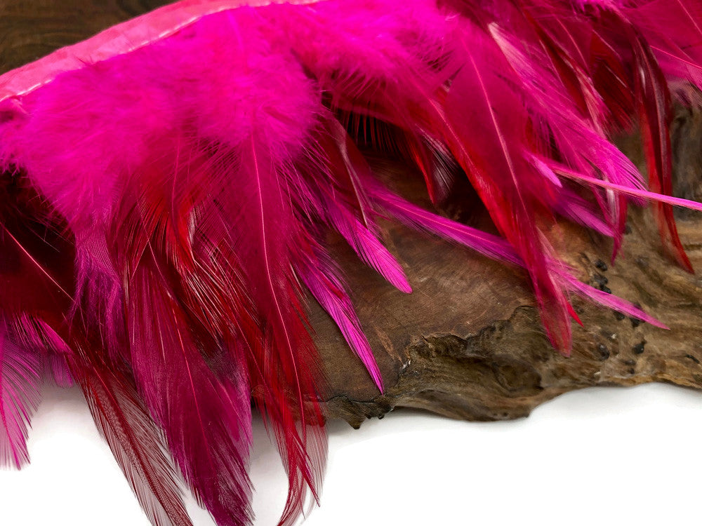 1 Yard - Dyed Hot Pink Over Natural Rooster Neck Hackle Saddle Feather Wholesale Trim