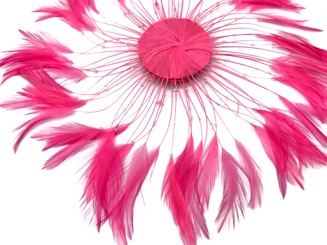 1 Piece - Hot Pink Whole Beaded Pinwheel Stripped Rooster Hackle Feather Plates