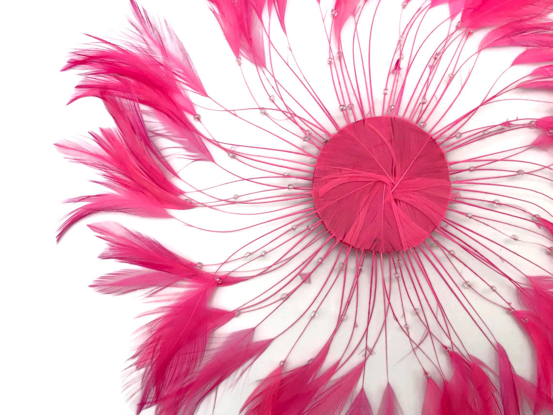 1 Piece - Hot Pink Whole Beaded Pinwheel Stripped Rooster Hackle Feather Plates