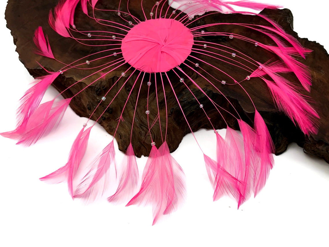 1 Piece - Hot Pink Whole Beaded Pinwheel Stripped Rooster Hackle Feather Plates