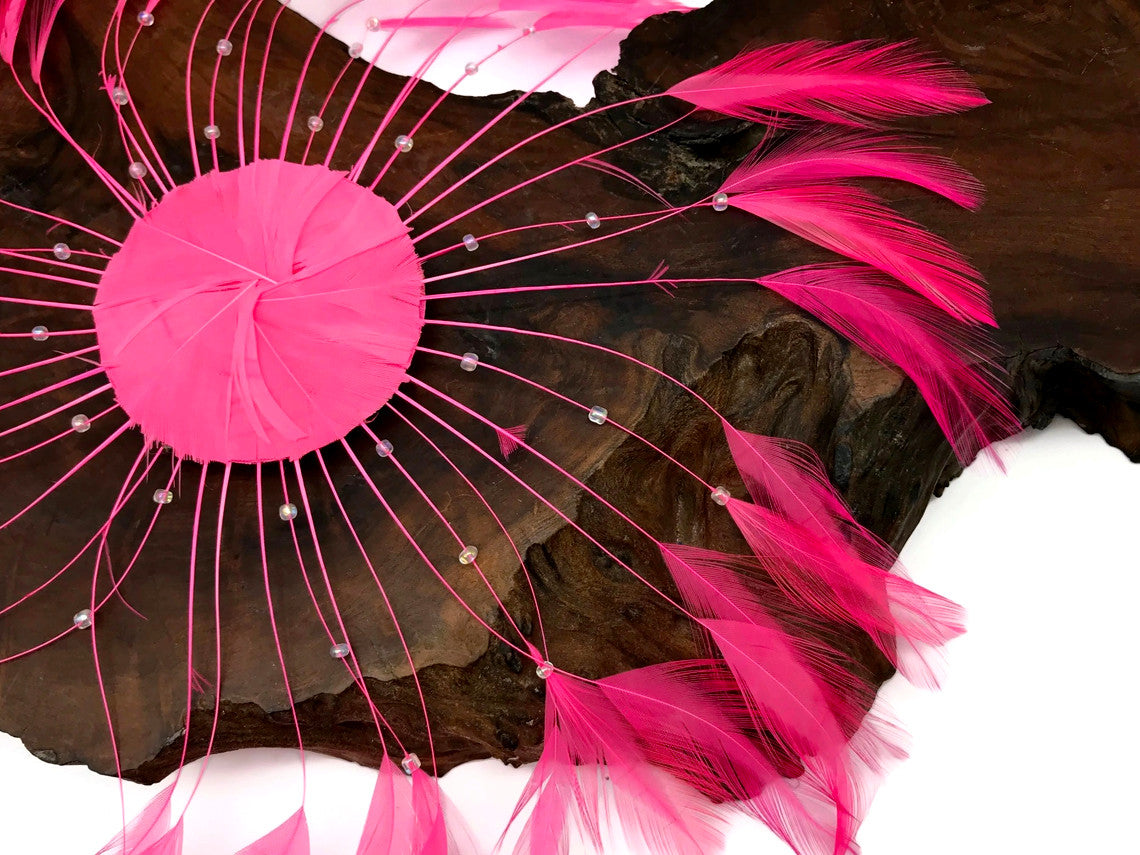 1 Piece - Hot Pink Whole Beaded Pinwheel Stripped Rooster Hackle Feather Plates