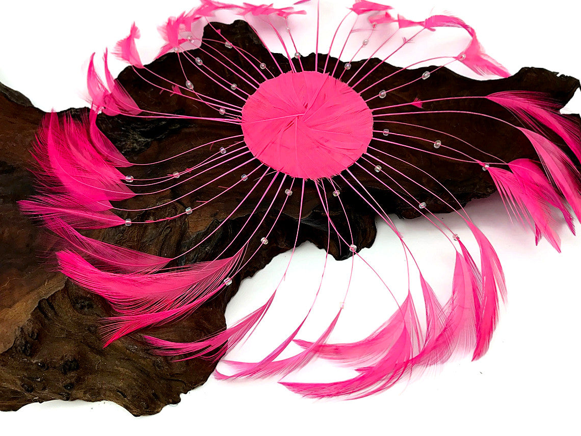 1 Piece - Hot Pink Whole Beaded Pinwheel Stripped Rooster Hackle Feather Plates