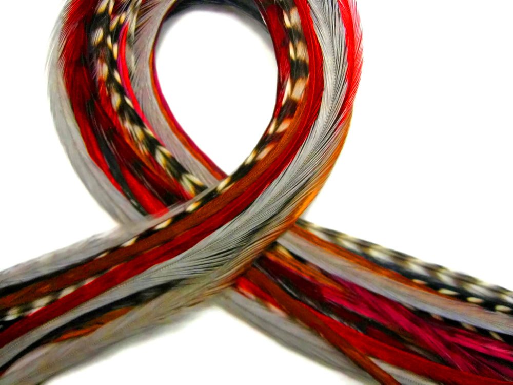 12 Strands - Hot Mix Thin Long Grizzly Whiting Farm Rooster Salon Hair Extension Feathers