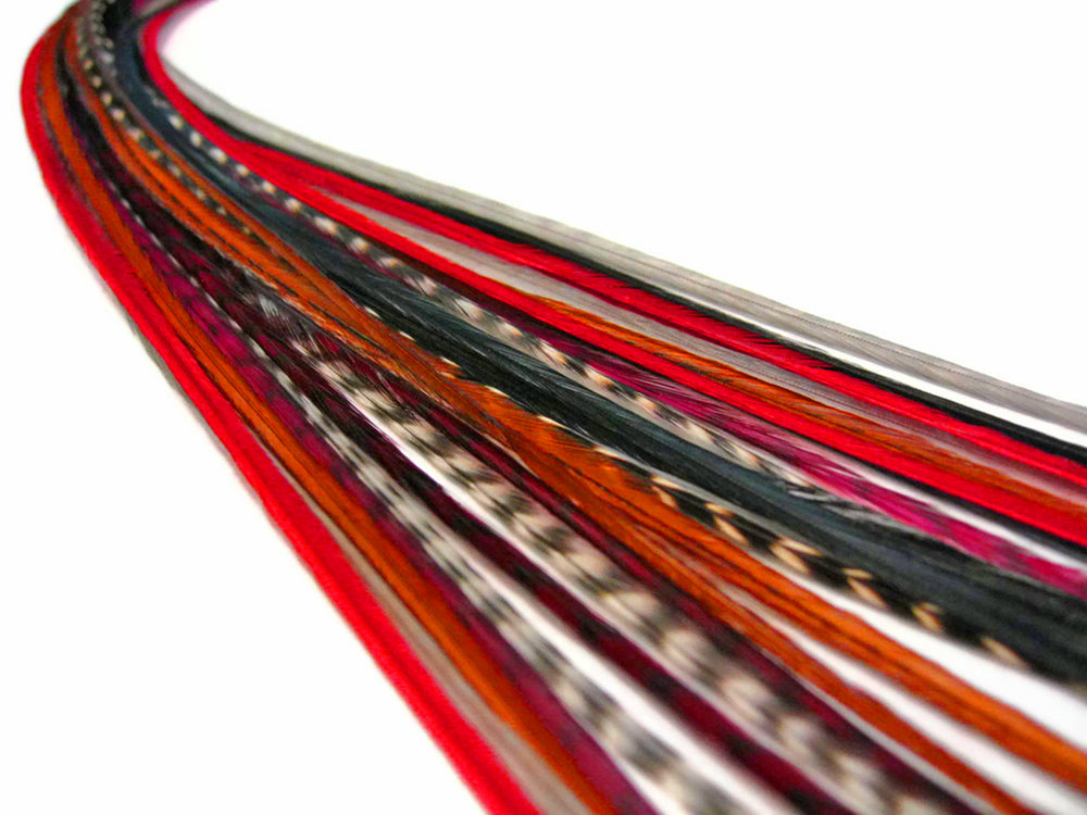 12 Strands - Hot Mix Thin Long Grizzly Whiting Farm Rooster Salon Hair Extension Feathers