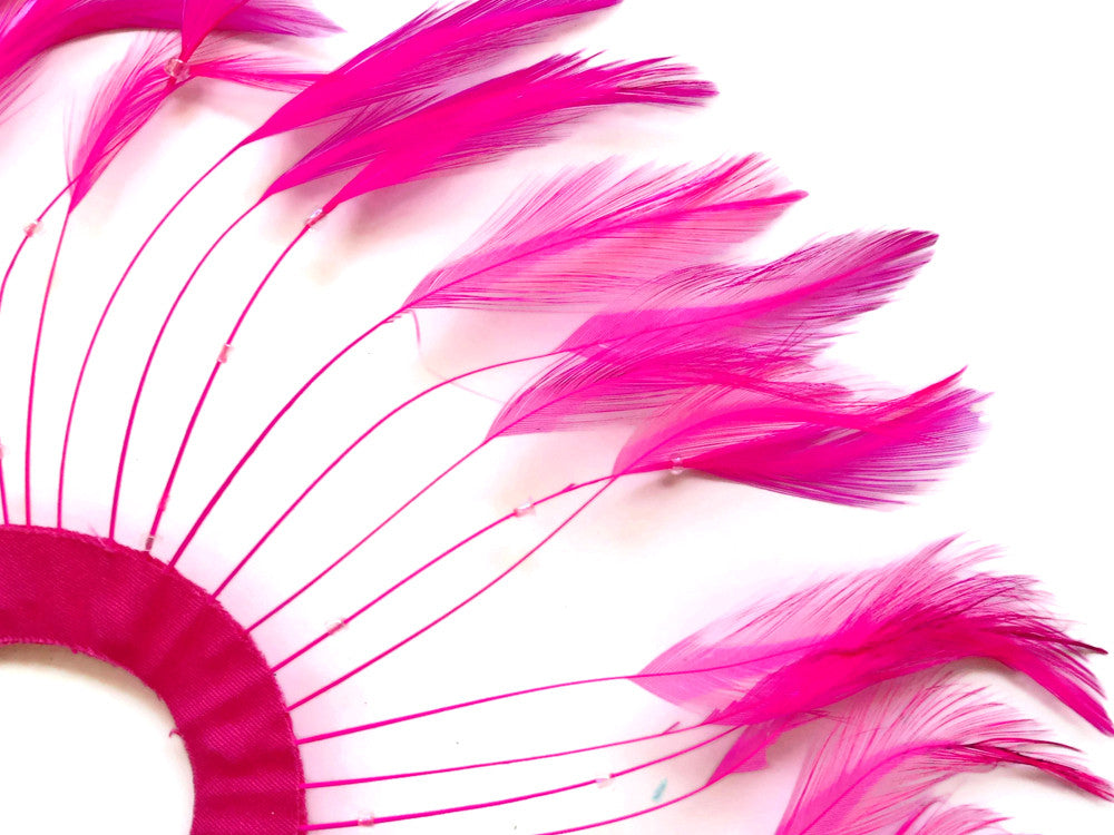 1 Piece - Hot Pink Half Beaded Pinwheel Stripped Rooster Hackle Feather Pads