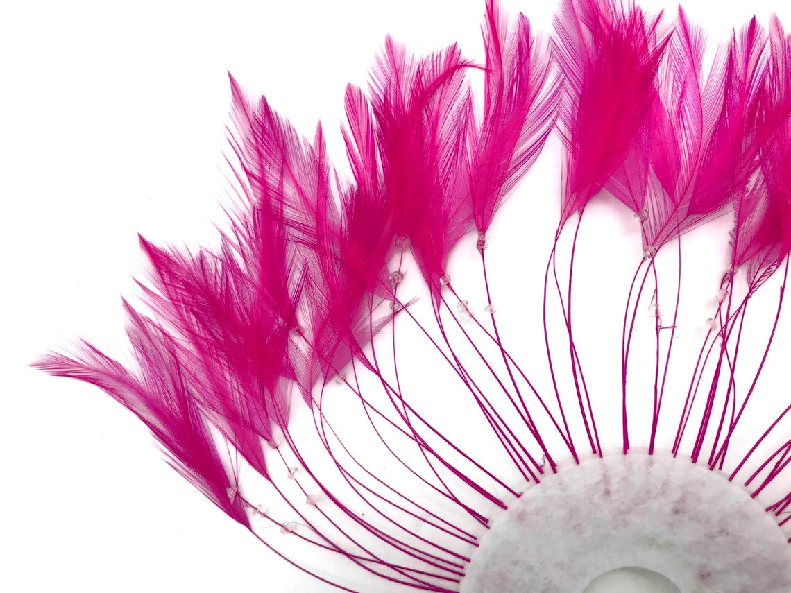 1 Piece - Hot Pink Half Beaded Pinwheel Stripped Rooster Hackle Feather Pads