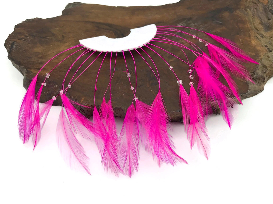 1 Piece - Hot Pink Half Beaded Pinwheel Stripped Rooster Hackle Feather Pads