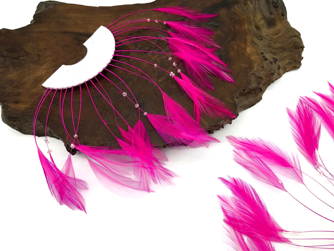 1 Piece - Hot Pink Half Beaded Pinwheel Stripped Rooster Hackle Feather Pads