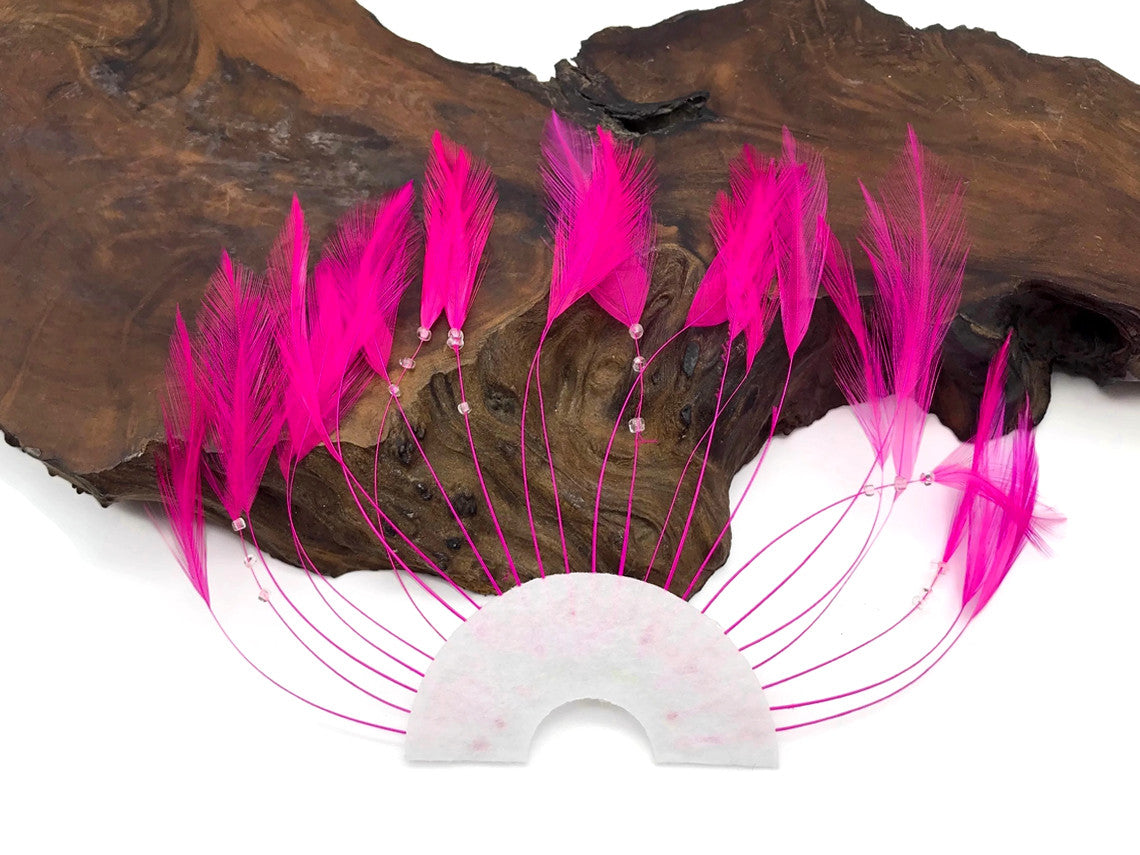 1 Piece - Hot Pink Half Beaded Pinwheel Stripped Rooster Hackle Feather Pads