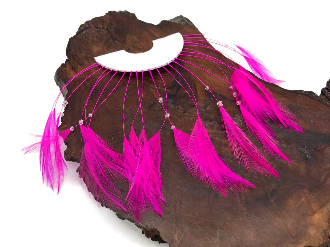 1 Piece - Hot Pink Half Beaded Pinwheel Stripped Rooster Hackle Feather Pads