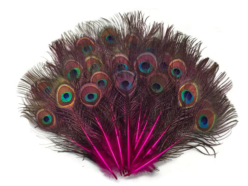 10 Pieces - Hot Pink Mini Natural Peacock Tail Body Feathers With Eyes