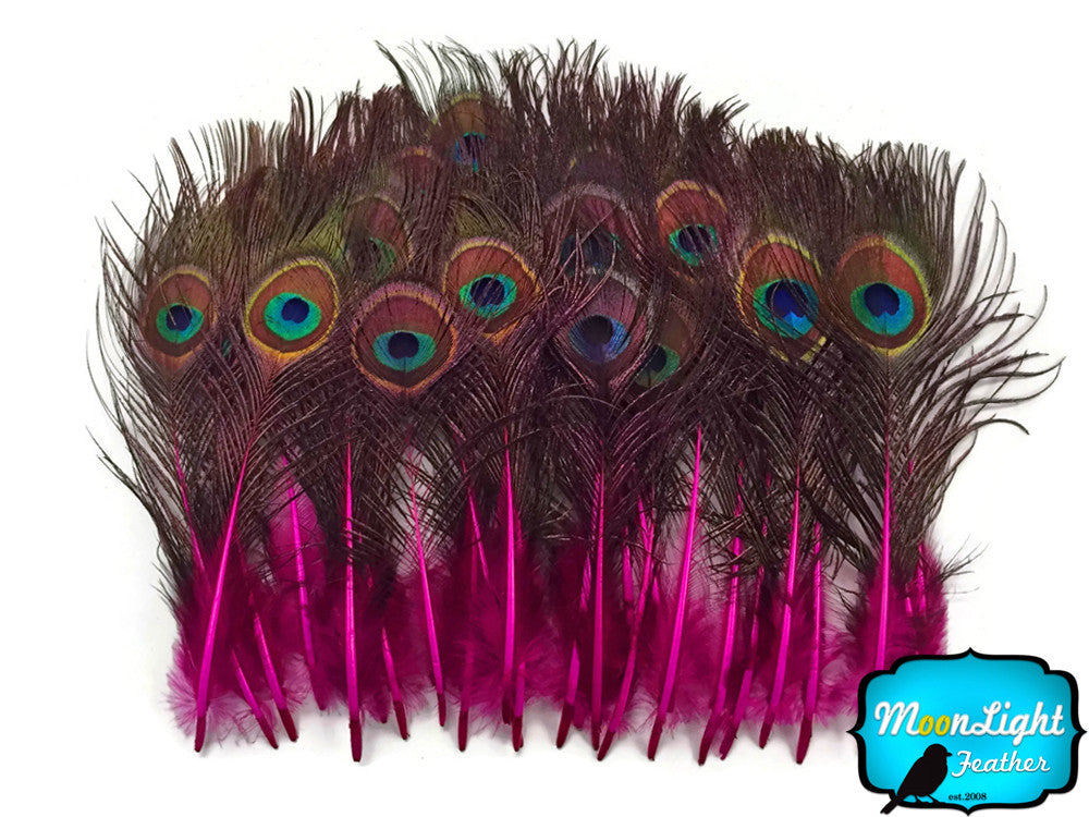 10 Pieces - Hot Pink Mini Natural Peacock Tail Body Feathers With Eyes