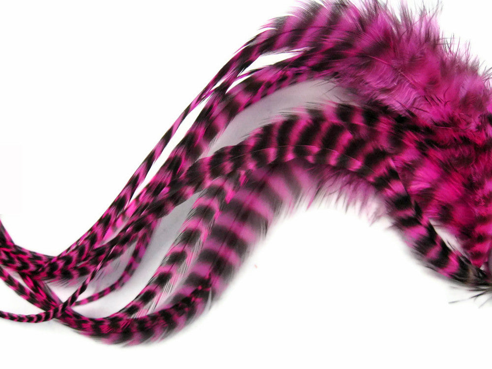 6 Pieces - Hot Pink Thick Long Grizzly Rooster Hair Extension Feathers