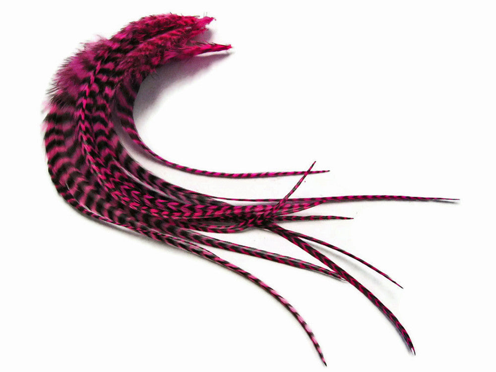 6 Pieces - Hot Pink Thick Long Grizzly Rooster Hair Extension Feathers