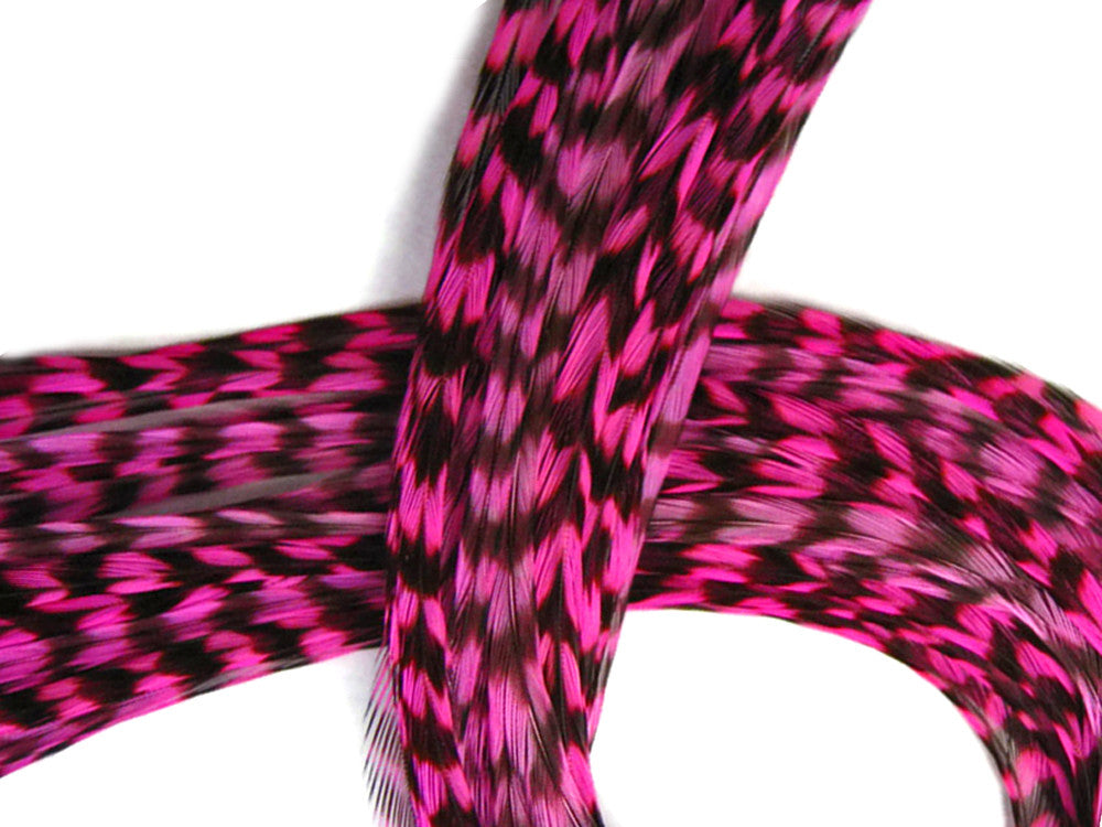 4 Pieces - Hot Pink Thin Long Grizzly Whiting Farm Rooster Hair Extension Feathers