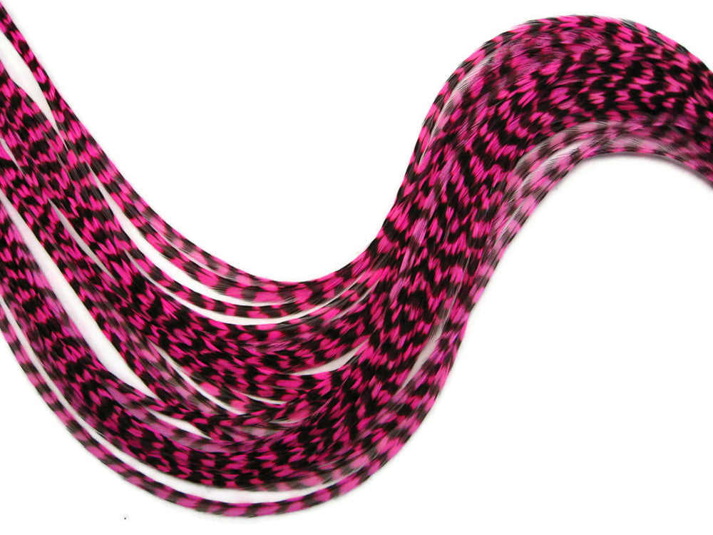 1 Piece - Hot Pink Thin Long Grizzly Rooster Hair Extension Feather & Silicon Bead