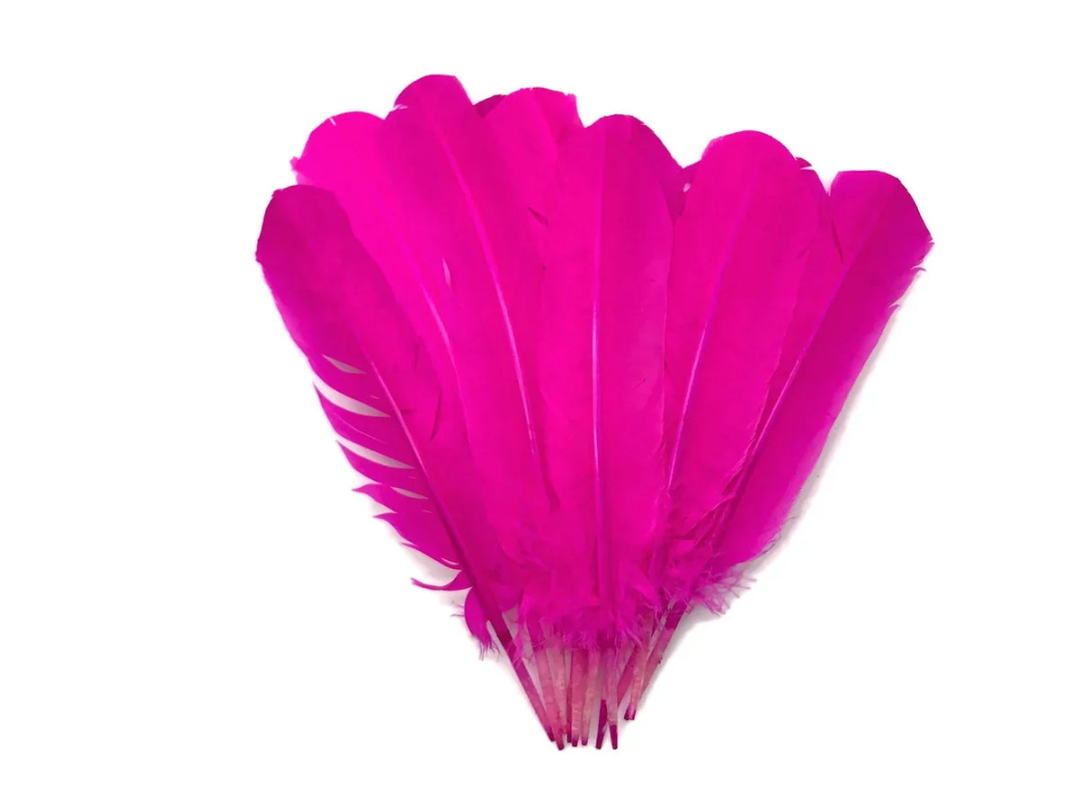 Vibrant bright pink feathers for DIY crafts and fashion accessories on a white background.