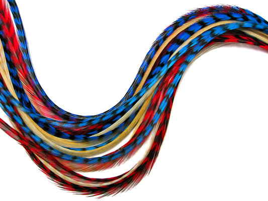 6 Strands - Independence Mix Thin Long Whiting Farms Grizzly Rooster Saddle Hair Extension Feathers