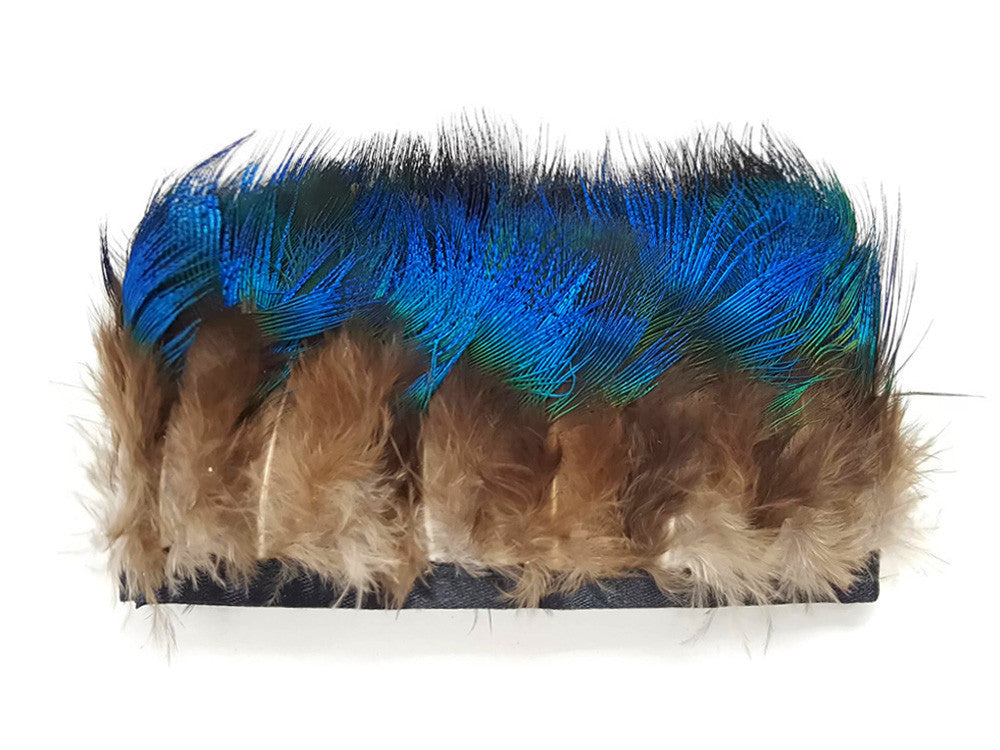 1 Yard - Iridescent Blue Peacock Plumage Fringe / Trim Feathers