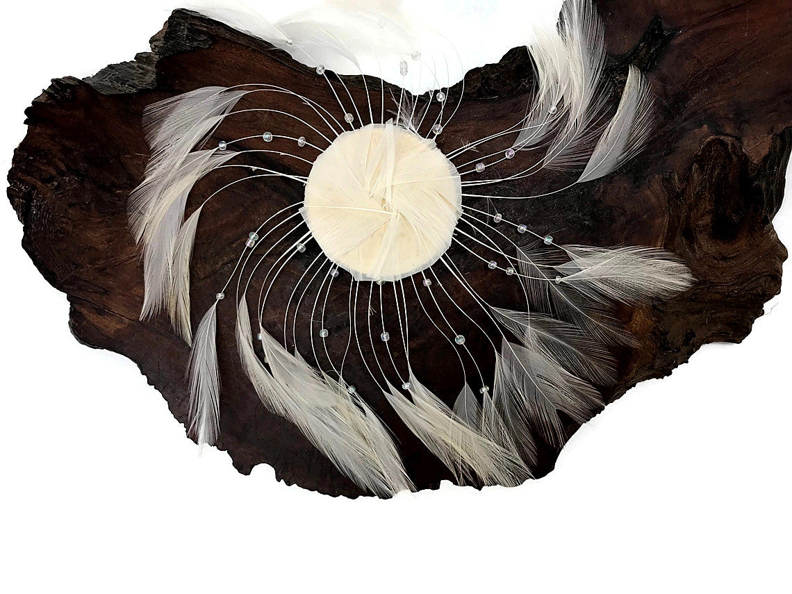 1 Piece - Ivory Whole Beaded Pinwheel Stripped Rooster Hackle Feather Plates