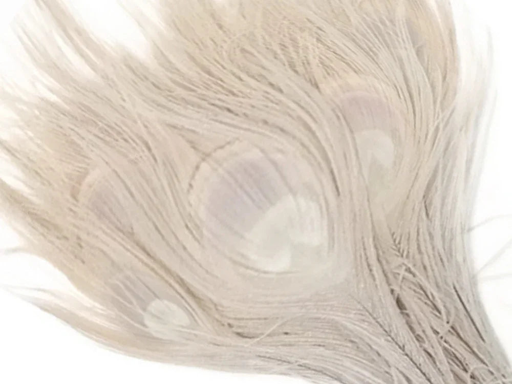 Soft white peacock feathers for DIY crafts and fashion décor.