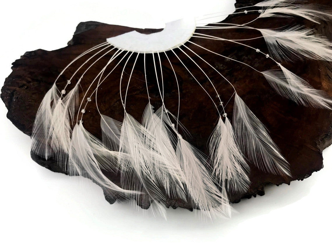 1 Piece - Ivory Half Beaded Pinwheel Stripped Rooster Hackle Feather Pads