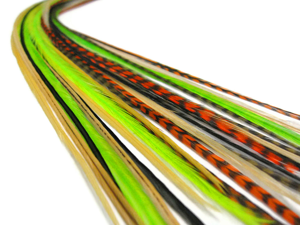 12 Strands - Jewel Mix Thin Long Grizzly Whiting Farm Rooster Hair Extension Feathers