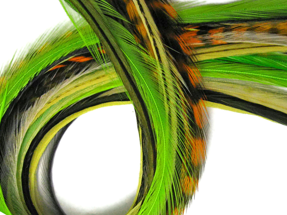 12 Strands - Jewel Mix Thin Long Grizzly Whiting Farm Rooster Hair Extension Feathers