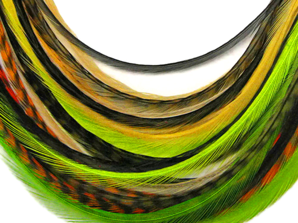 12 Strands - Jewel Mix Thin Long Grizzly Whiting Farm Rooster Hair Extension Feathers
