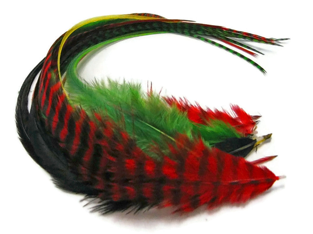 10 Strands - Jolly Combo Mix Long Grizzly Rooster Hair Extension Feathers