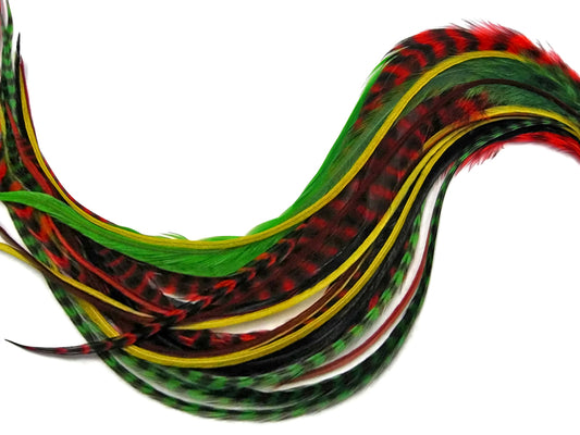10 Strands - Jolly Combo Mix Long Whiting Farms Grizzly Rooster Saddle Hair Extension Feathers