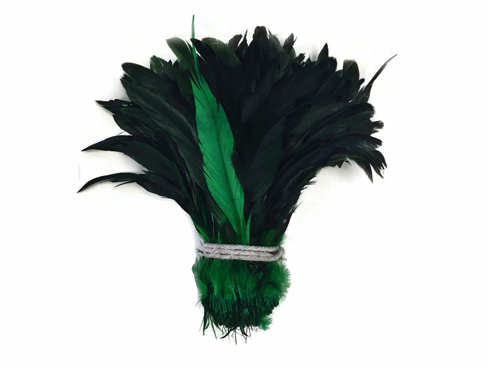 2.5  Inch Strip -  8-10" Kelly Green Half Bronze Natural Dyed Coque Tail Strung Feathers