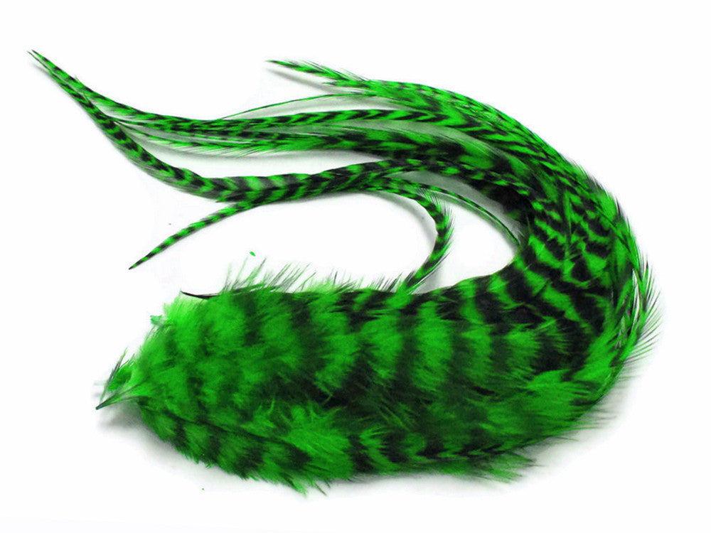 6 Pieces - XL Kelly Green Thick Long Grizzly Whiting Farm Rooster Saddle Hair Extension Feathers