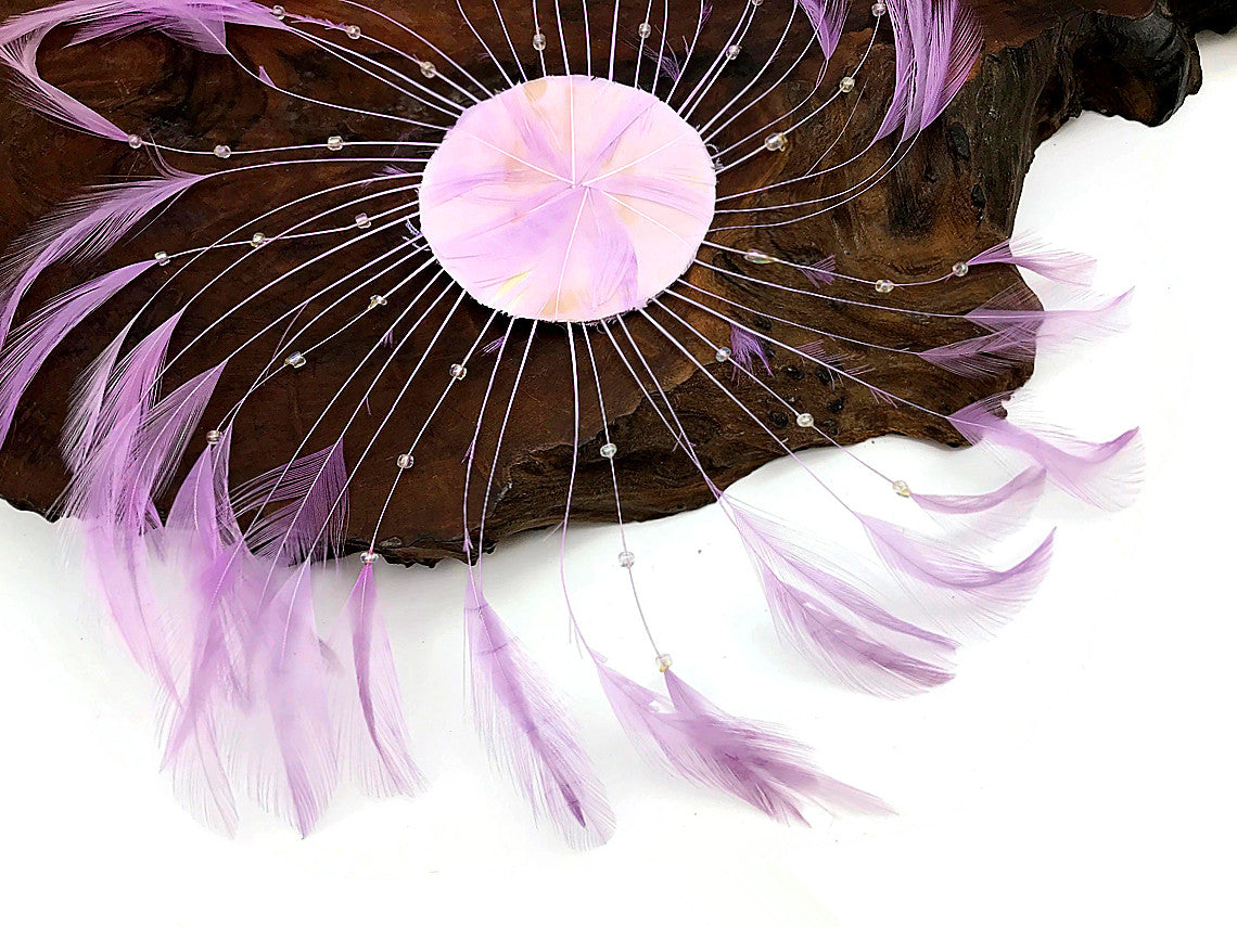 1 Piece - Lavender Whole Beaded Pinwheel Stripped Rooster Hackle Feather Plates