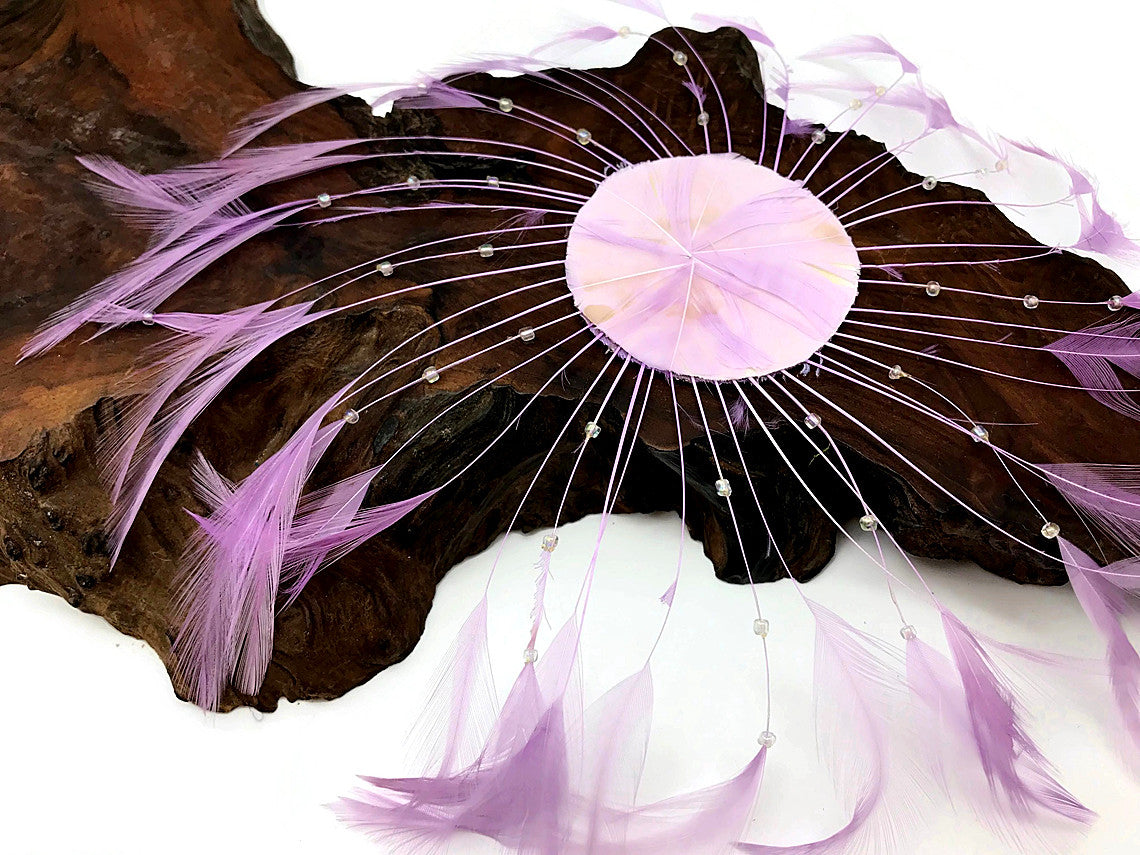 1 Piece - Lavender Whole Beaded Pinwheel Stripped Rooster Hackle Feather Plates