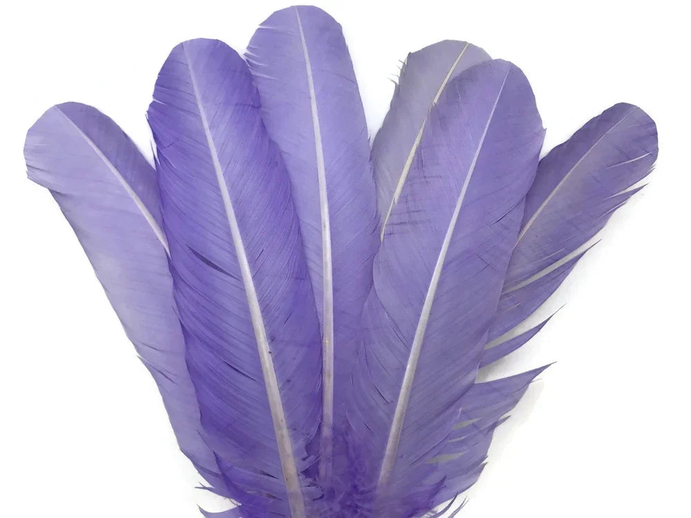 Vibrant purple feathers for DIY crafts and fashion decor on a white background.