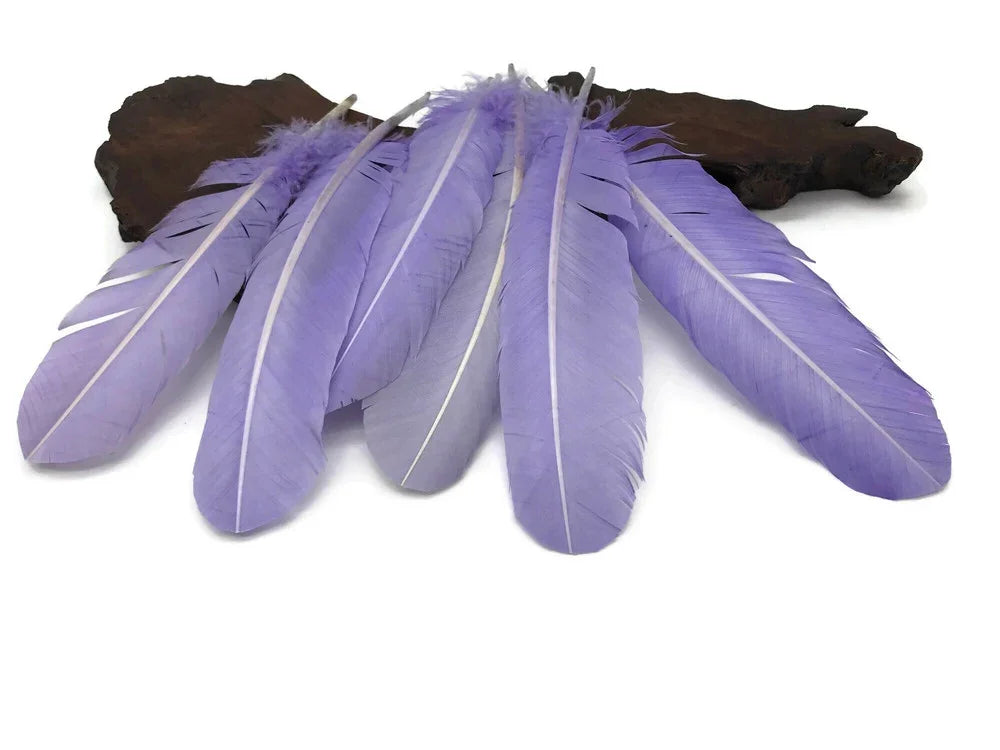 Set of five long lavender purple feathers for crafts and fashion DIY decor.
