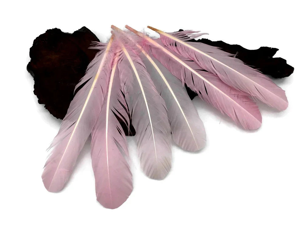 Set of soft pink craft feathers for DIY fashion and decor projects.