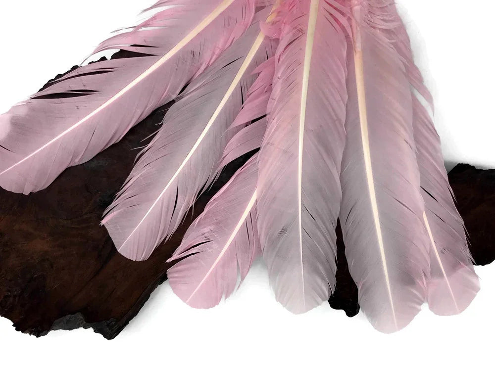 Soft pink dyed craft feathers for DIY fashion and decor projects.
