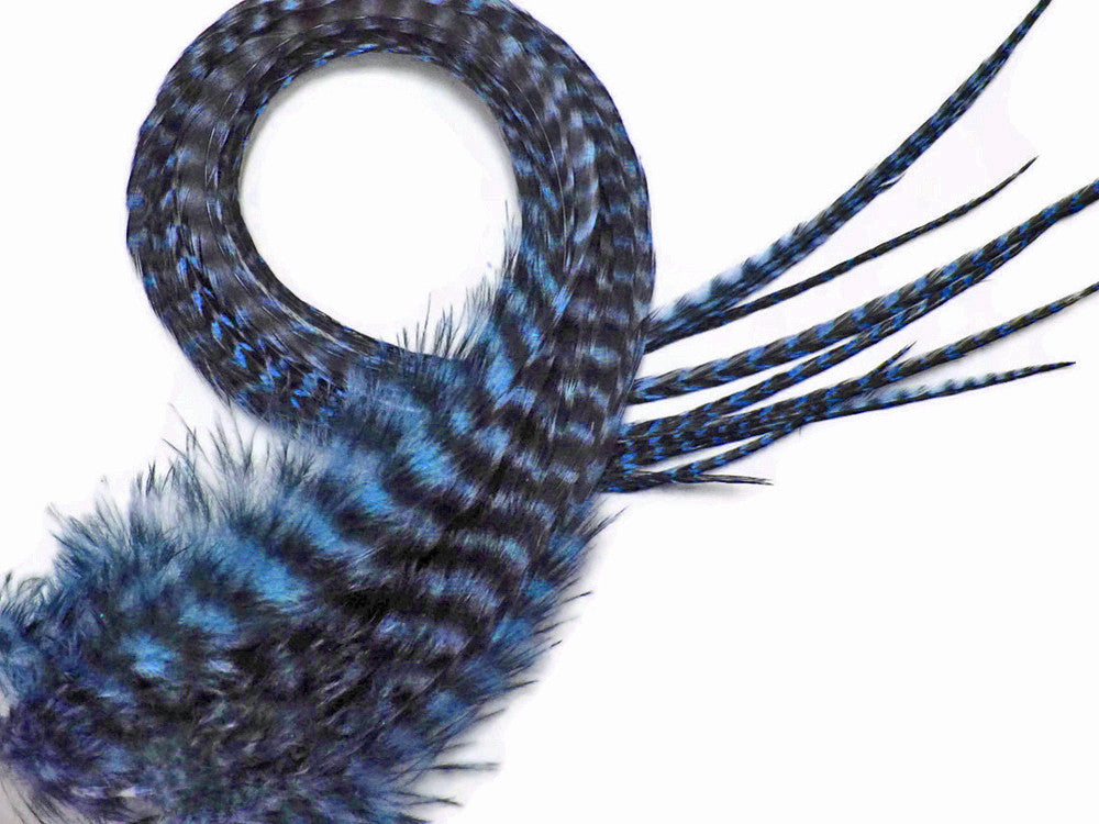 6 Pieces - Light Blue Grizzly Thick Long Rooster Hair Extension Feathers