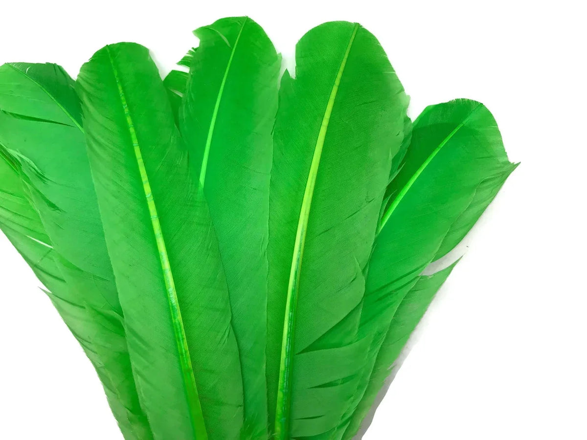 Vibrant green craft feathers for DIY fashion and décor projects.