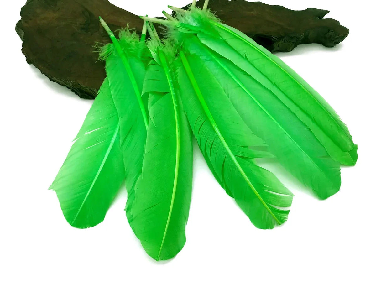 Vibrant green craft feathers for DIY fashion and decor projects.