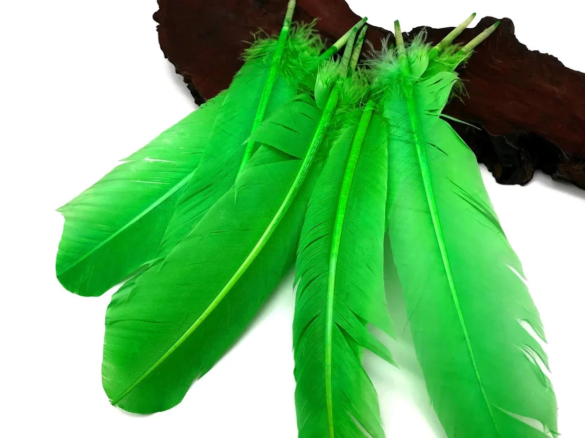 Vibrant green craft feathers for DIY fashion and decor projects.