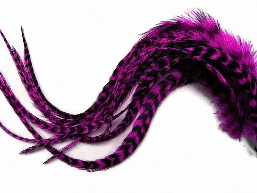 6 Pieces - Magenta Thick Long Grizzly Rooster Hair Extension Feathers