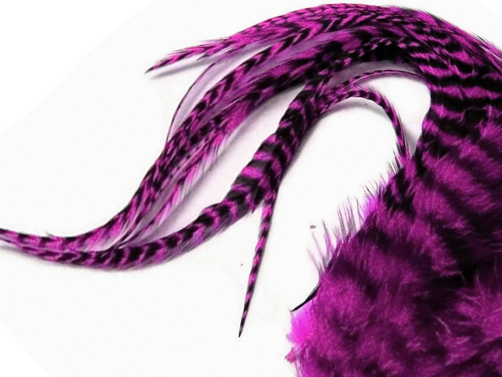 6 Pieces - XL Magenta Thick Long Grizzly Whiting Farm Rooster Saddle Hair Extension Feathers