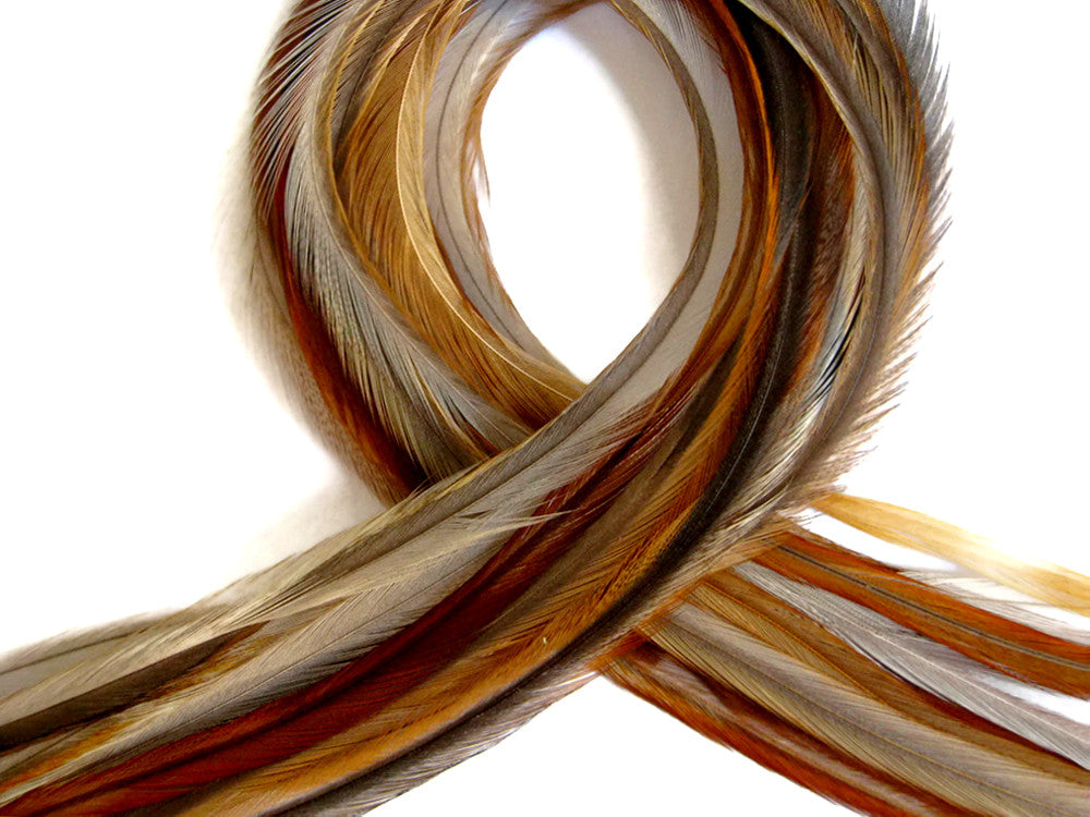 6 Pieces - XL Natural Medium Honey Ginger Thin Whiting Farm Rooster Hair Extension Feathers 11" and Up 