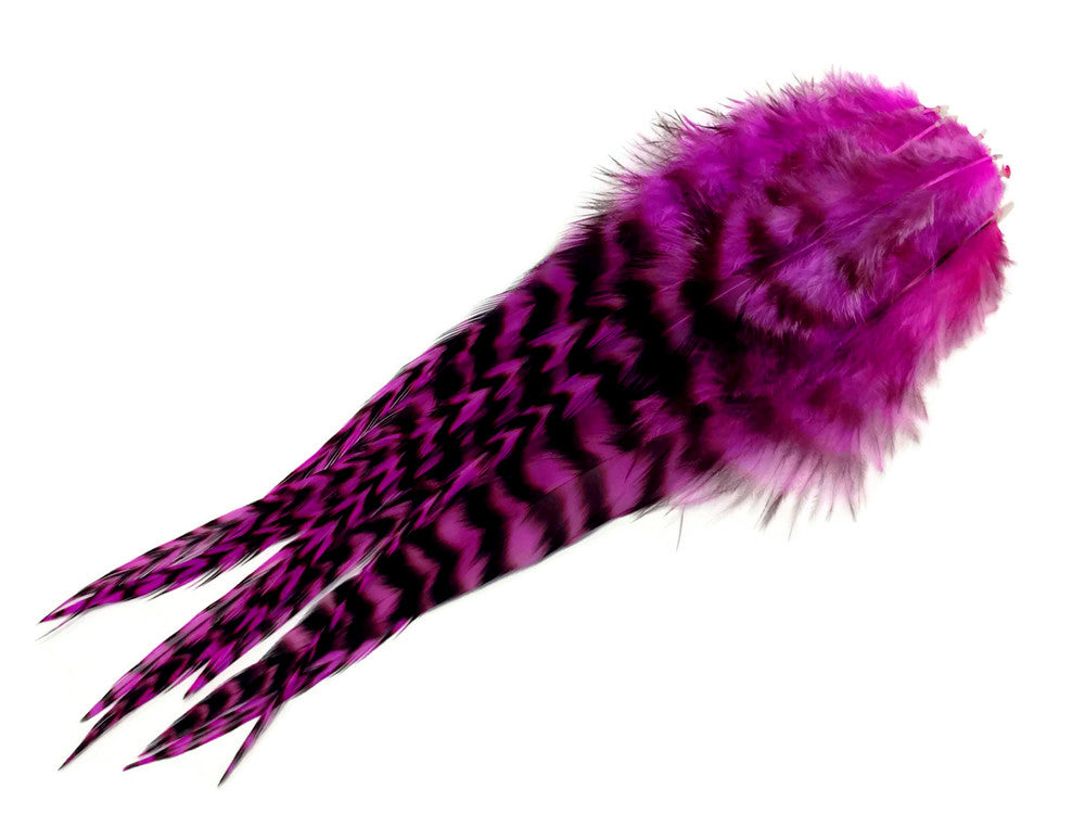 1 Dozen - Medium Magenta Grizzly Rooster Saddle Whiting Hair Extension Feathers