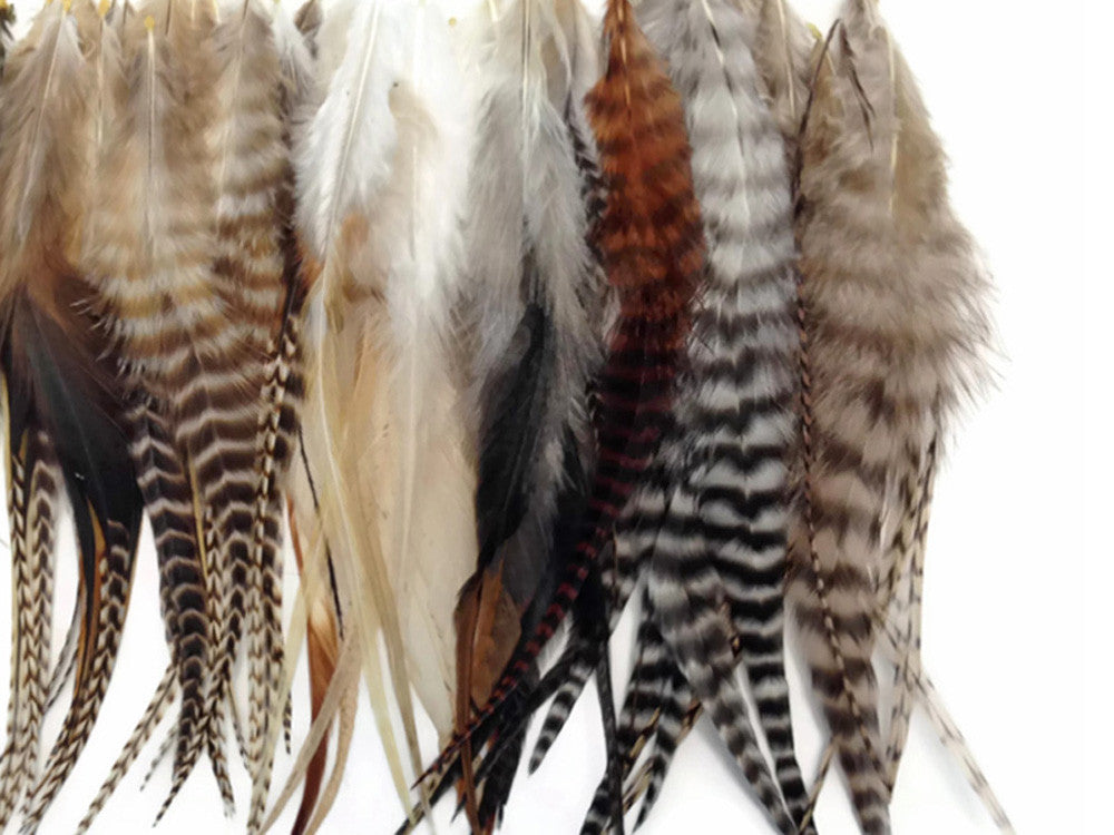 50 Pieces - Natural Tone Medium Length Rooster Saddle Whiting Hair Extension Wholesale Feathers (Bulk)